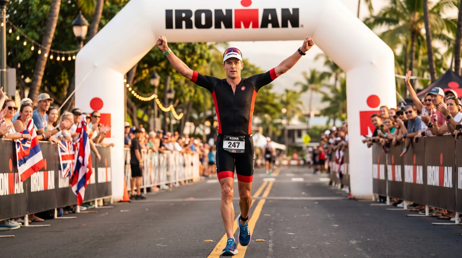 Triathletes crossing the finish line on Ali'i Drive at the Ironman World Championship in Kailua-Kona under the finisher arch