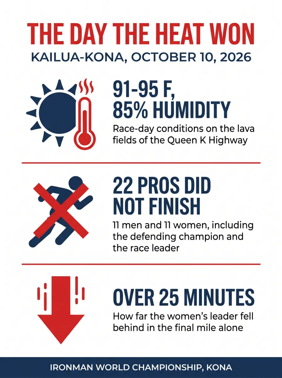 Infographic showing the 2026 Ironman World Championship conditions: 91 to 95 degrees and 85 percent humidity, 22 professional athletes did not finish, and a 25 minute swing in the women's race final mile