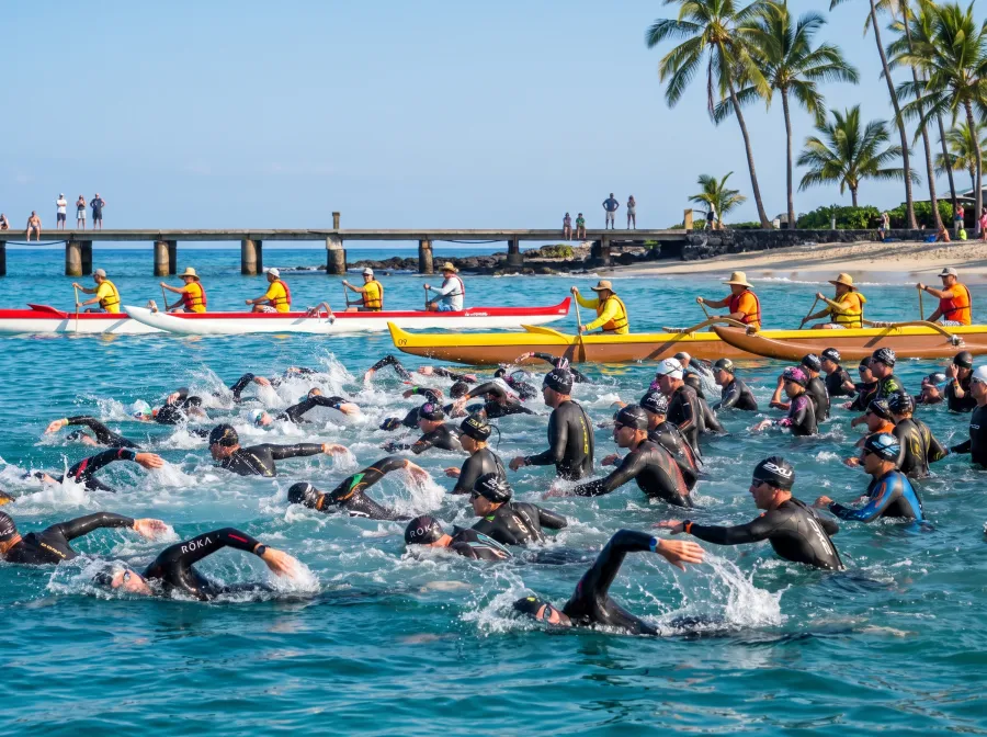 Mass triathlon swim start at Kailua Pier in Kona with swimmers in wetsuits and outrigger canoes in the background
