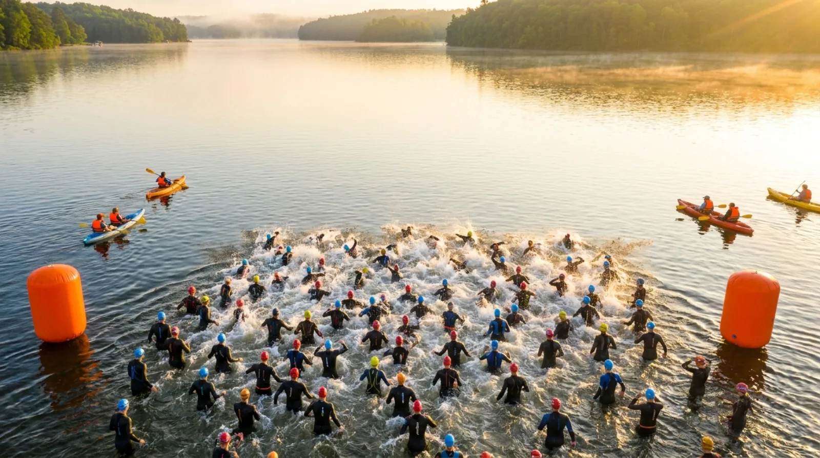 Aerial view of triathletes in wetsuits at an IRONMAN swim start with safety kayaks on the water