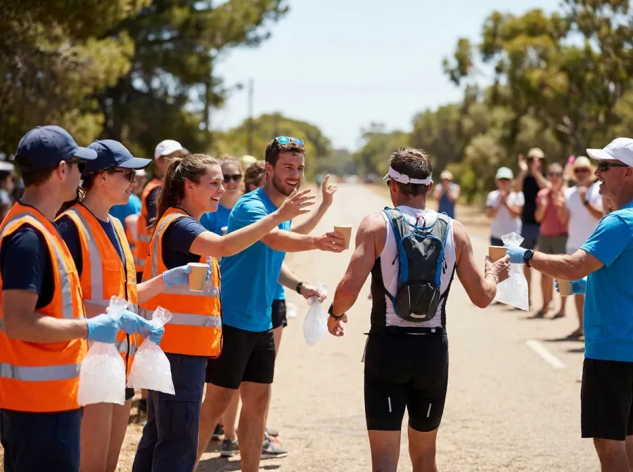 Volunteers handing water and ice to a triathlete at an aid station during the IRONMAN run course