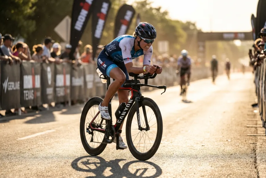 Female pro triathlete racing on a Texas bike course in IRONMAN 70.3 competition