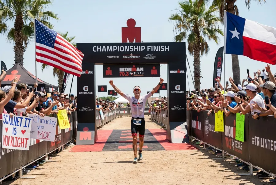 IRONMAN 70.3 finish line celebration at the Dallas-Little Elm inaugural race