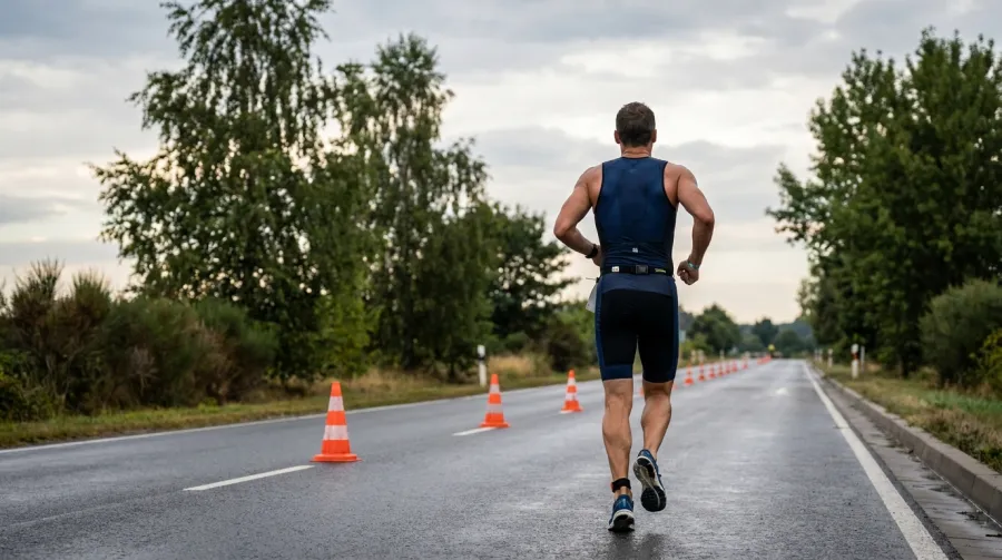 A triathlete digs deep on the run leg of a 70.3 race, pushing through fatigue toward the finish