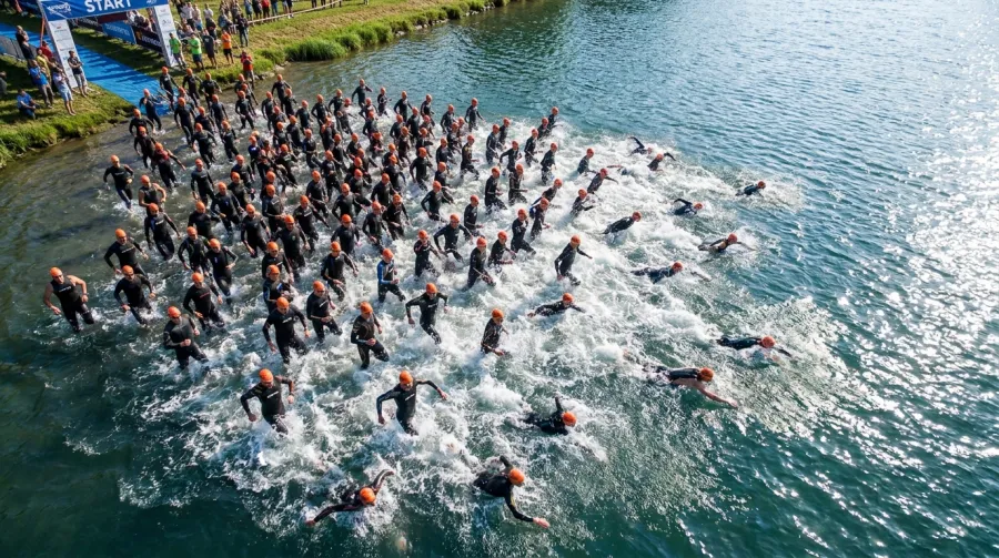 Triathlon swimmers in wetsuits and orange caps during the open water swim start at a 70.3 race