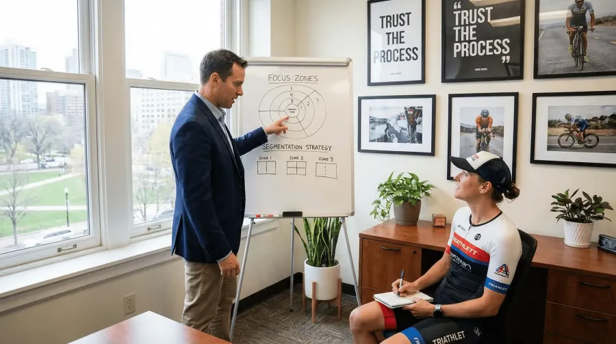 Sports psychologist consulting with a triathlete at a whiteboard showing mental segmentation and process focus strategies