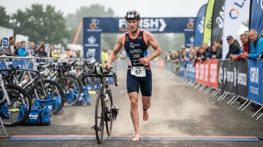 Triathlete running their bike into the T2 transition zone, focused and ready to switch from cycling to running mode
