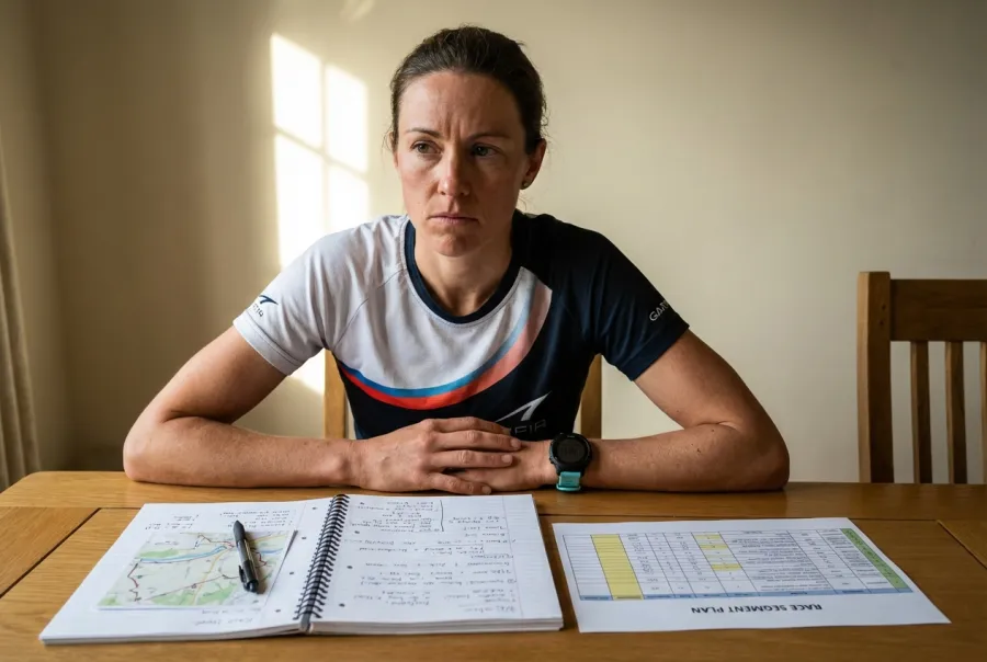 Triathlete planning race segments with Garmin watch and race course map