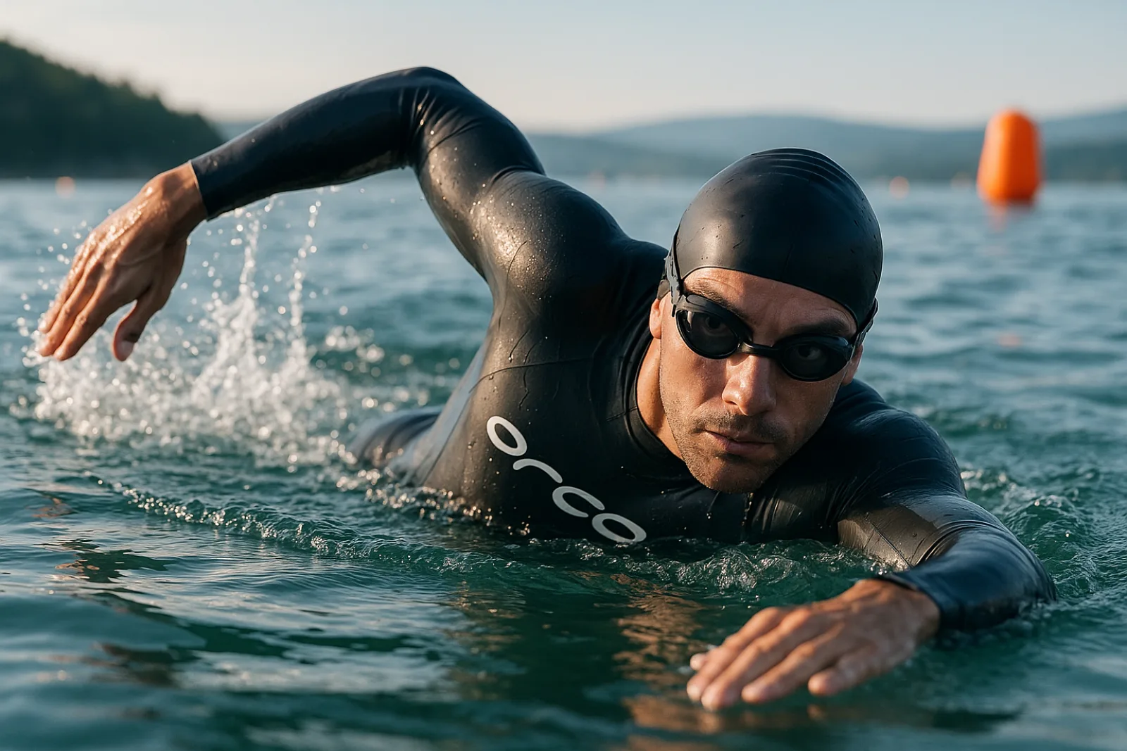 Triathlete swimming freestyle in open water lifting eyes just above the surface to sight a buoy, wearing an Orca wetsuit and Speedo goggles