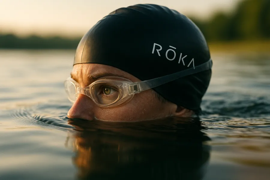 Close-up side view of a swimmer's head position during open-water sighting, showing eyes just clearing the surface while wearing Roka goggles