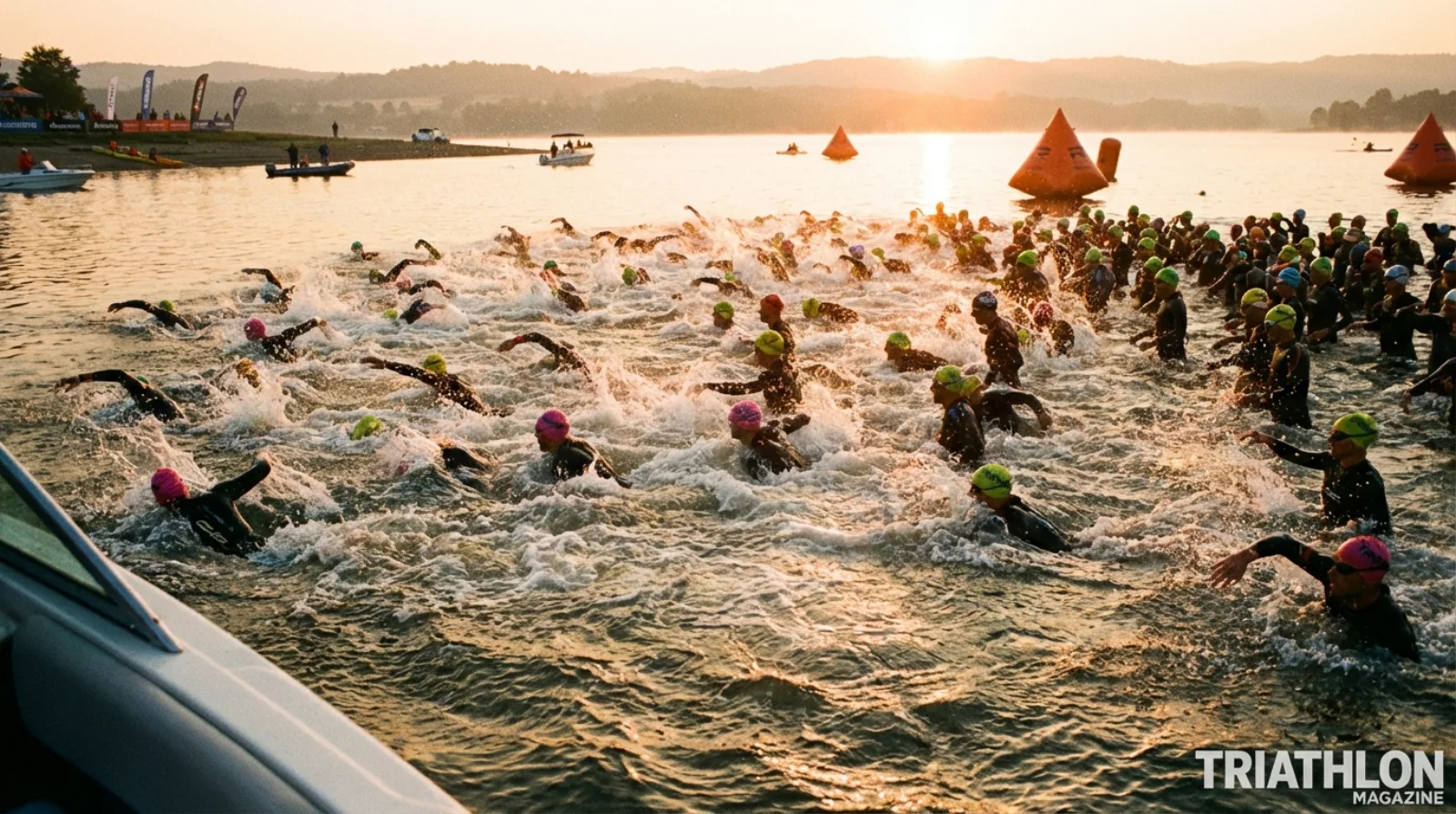 Triathlete at open water swim start, mass start chaos