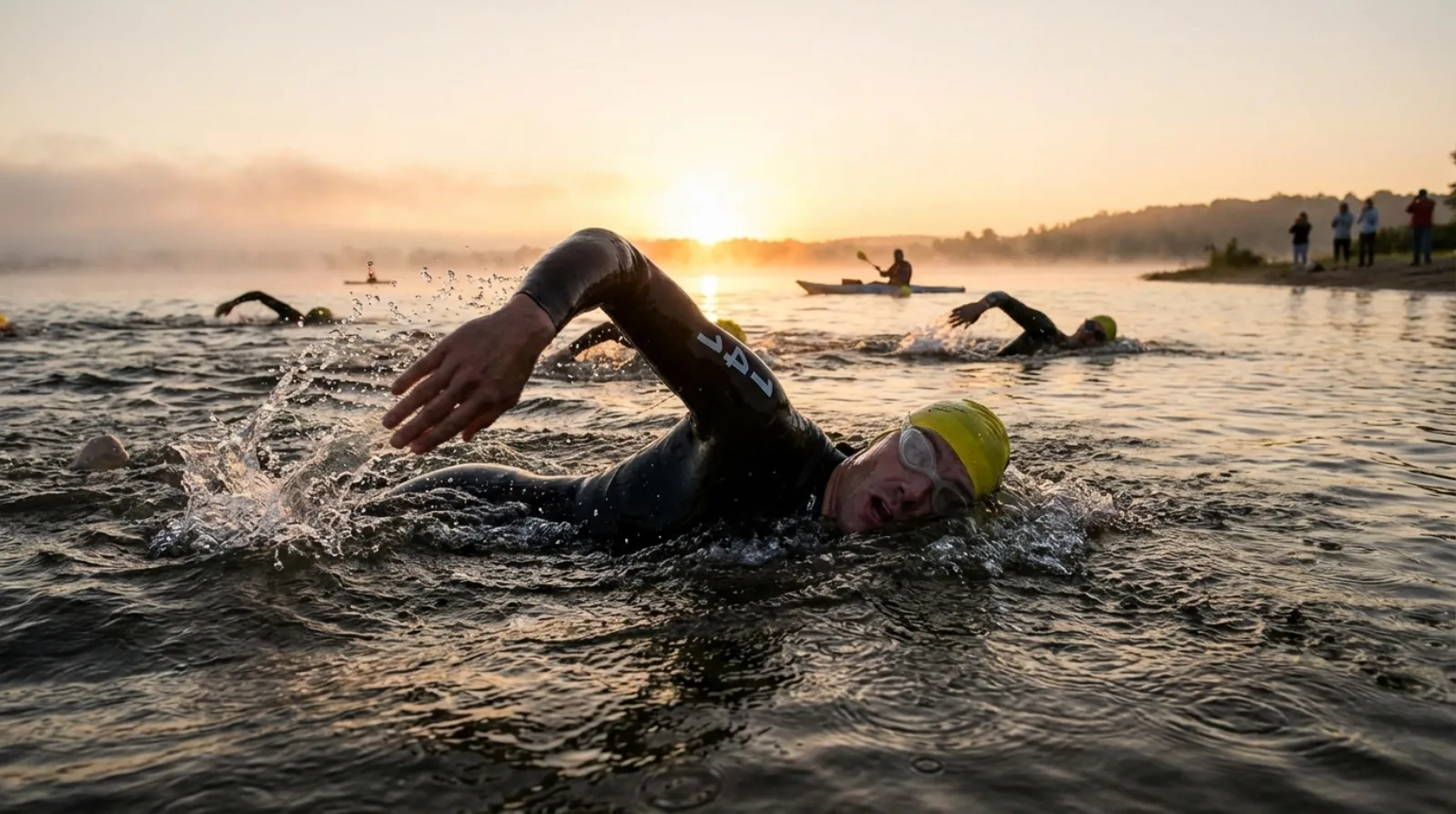 Triathlete swimming in open water with wetsuit