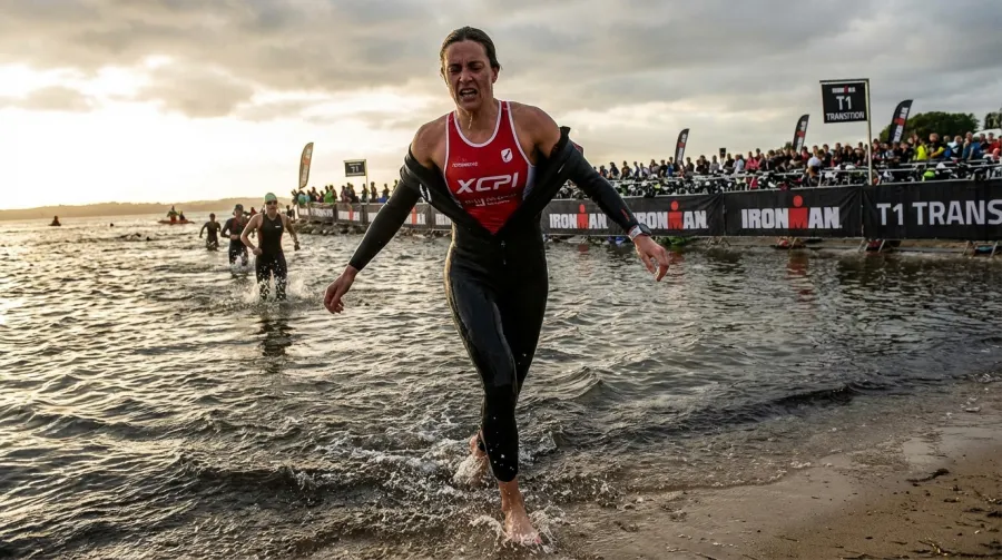 Triathlete sprinting out of open water during T1 transition
