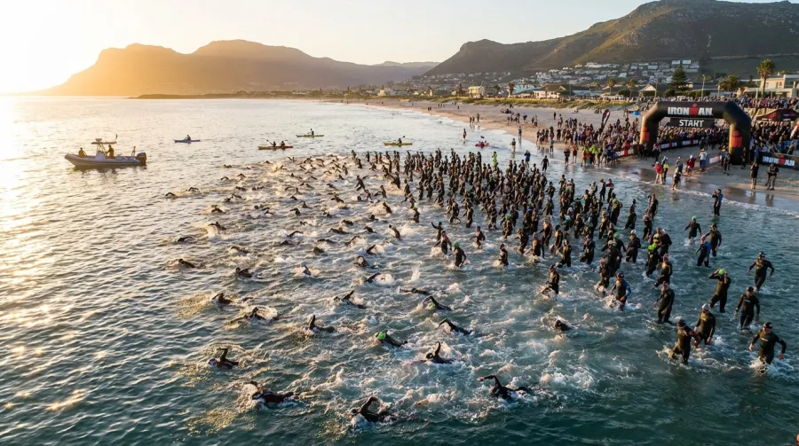 Mass swim start at Ironman triathlon from aerial view