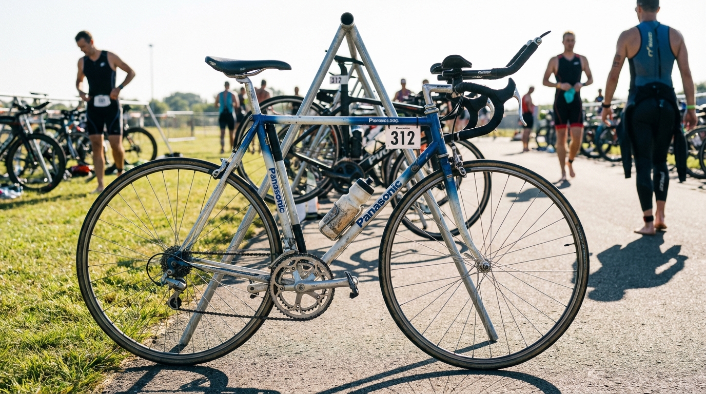 Vintage 1980s Panasonic steel road bike racked at a triathlon transition zone