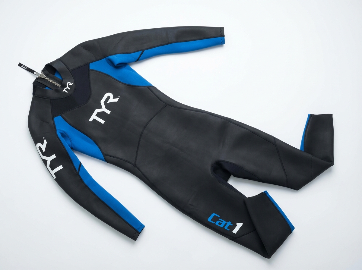 TYR Cat 1 full sleeve triathlon wetsuit laid flat on white surface