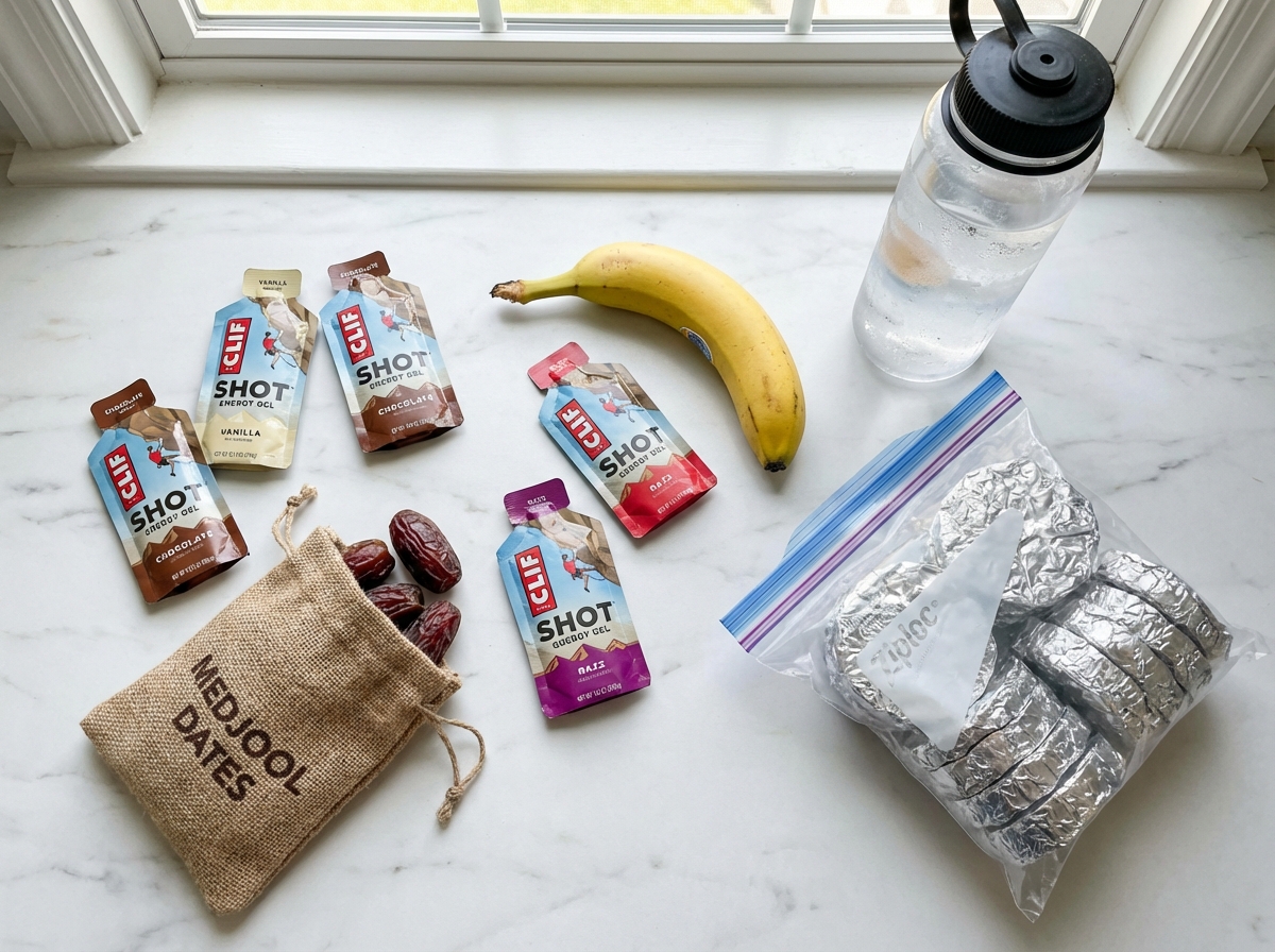 Budget triathlon nutrition: Clif Shot gels, banana, dates, and homemade rice cakes on a countertop