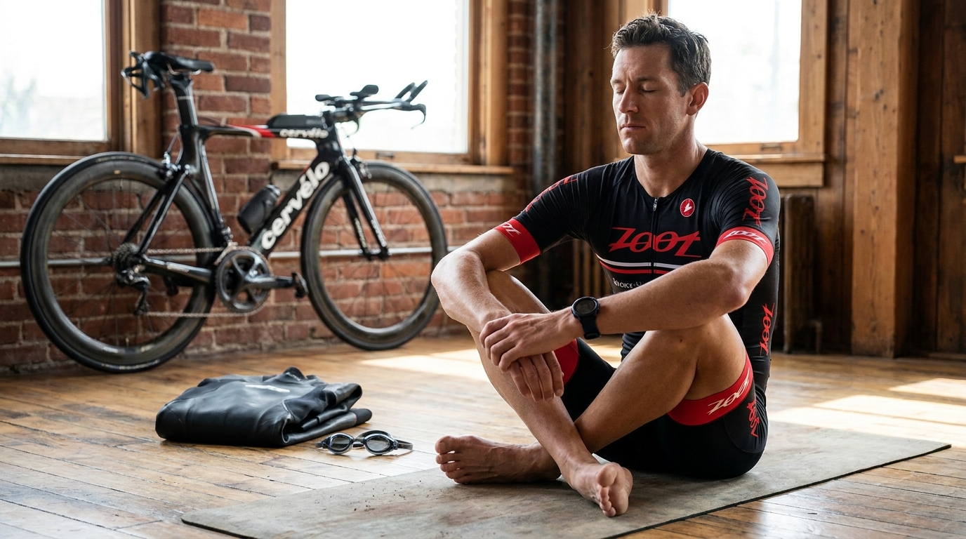 Triathlete in focused visualization pose with triathlon gear nearby