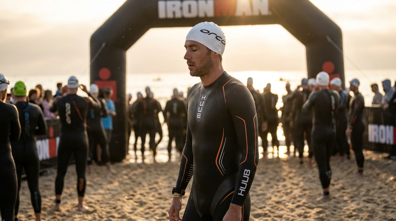 Triathlete at race start with eyes closed in pre-race mental preparation