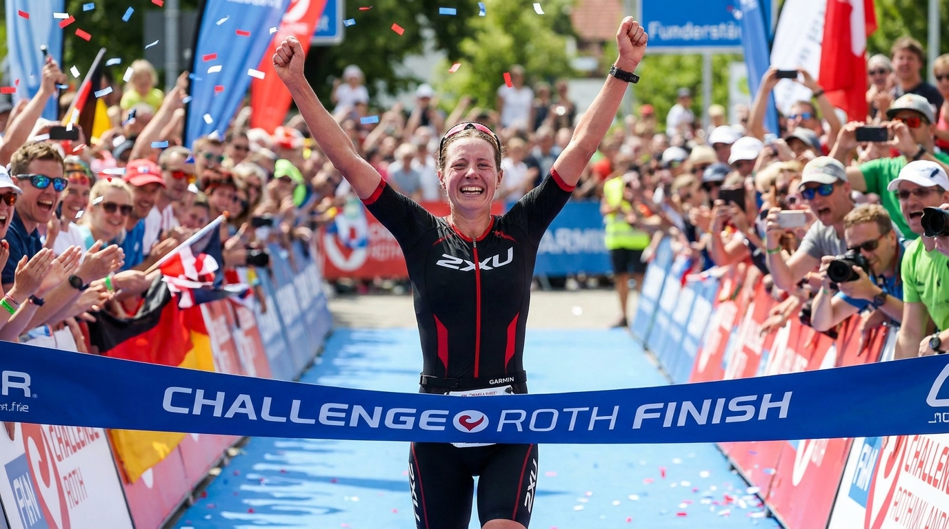 Triathlete crossing the finish line with arms raised in triumph