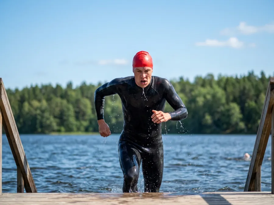 Triathlete emerging from lake swim exit during a race, wetsuit dripping