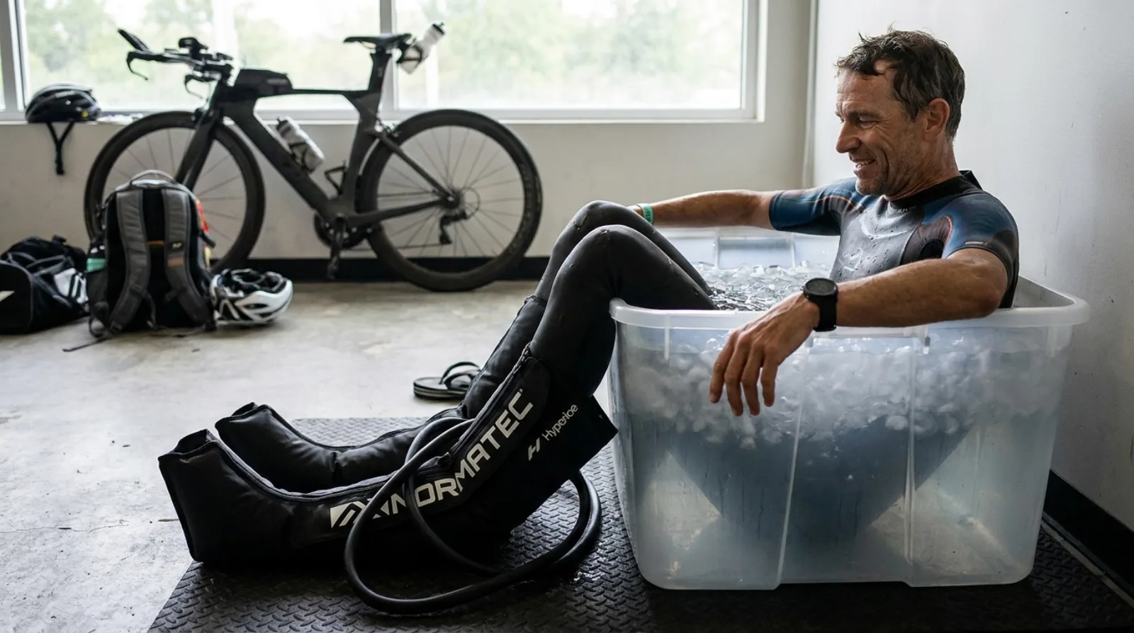 Triathlete sitting in ice bath recovery tub after training, Normatec compression boots visible nearby