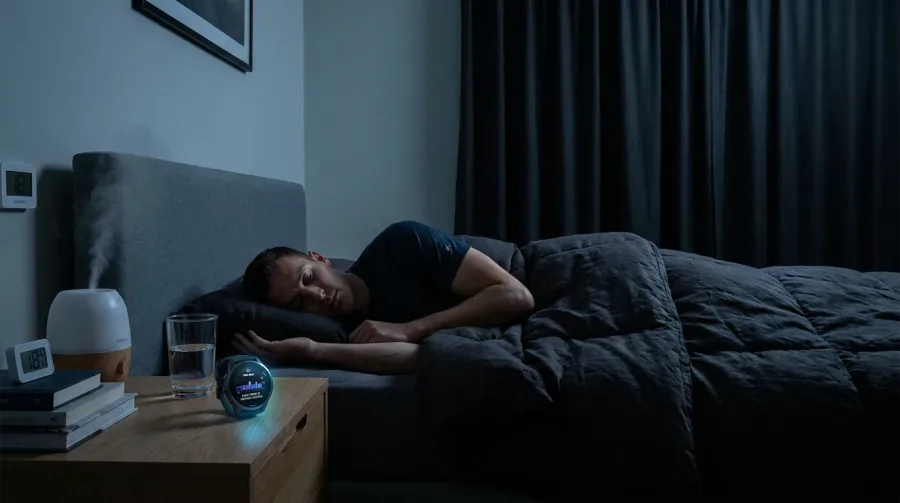 Athlete sleeping in dark bedroom with Garmin sleep tracking watch on nightstand