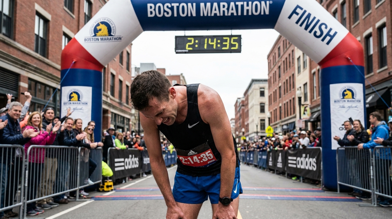 Exhausted marathon runner near the finish line of a major city race