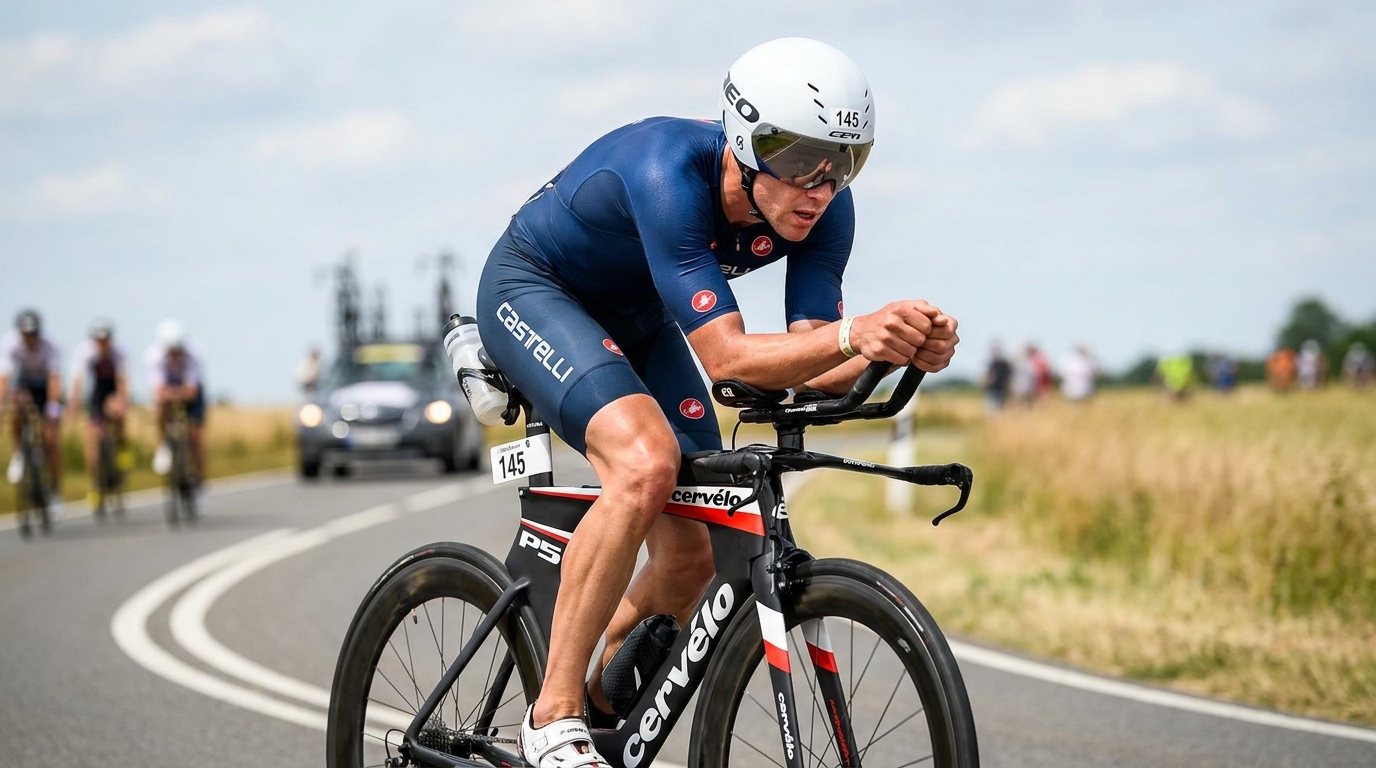 Triathlete in aerodynamic position on a time trial bike during a race