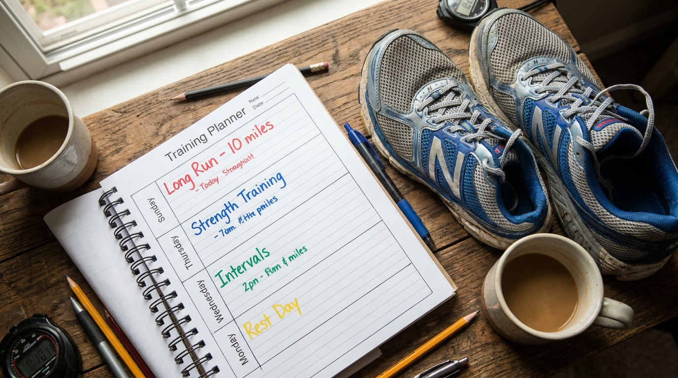 Training planner and running shoes on a desk — planning a dual event season