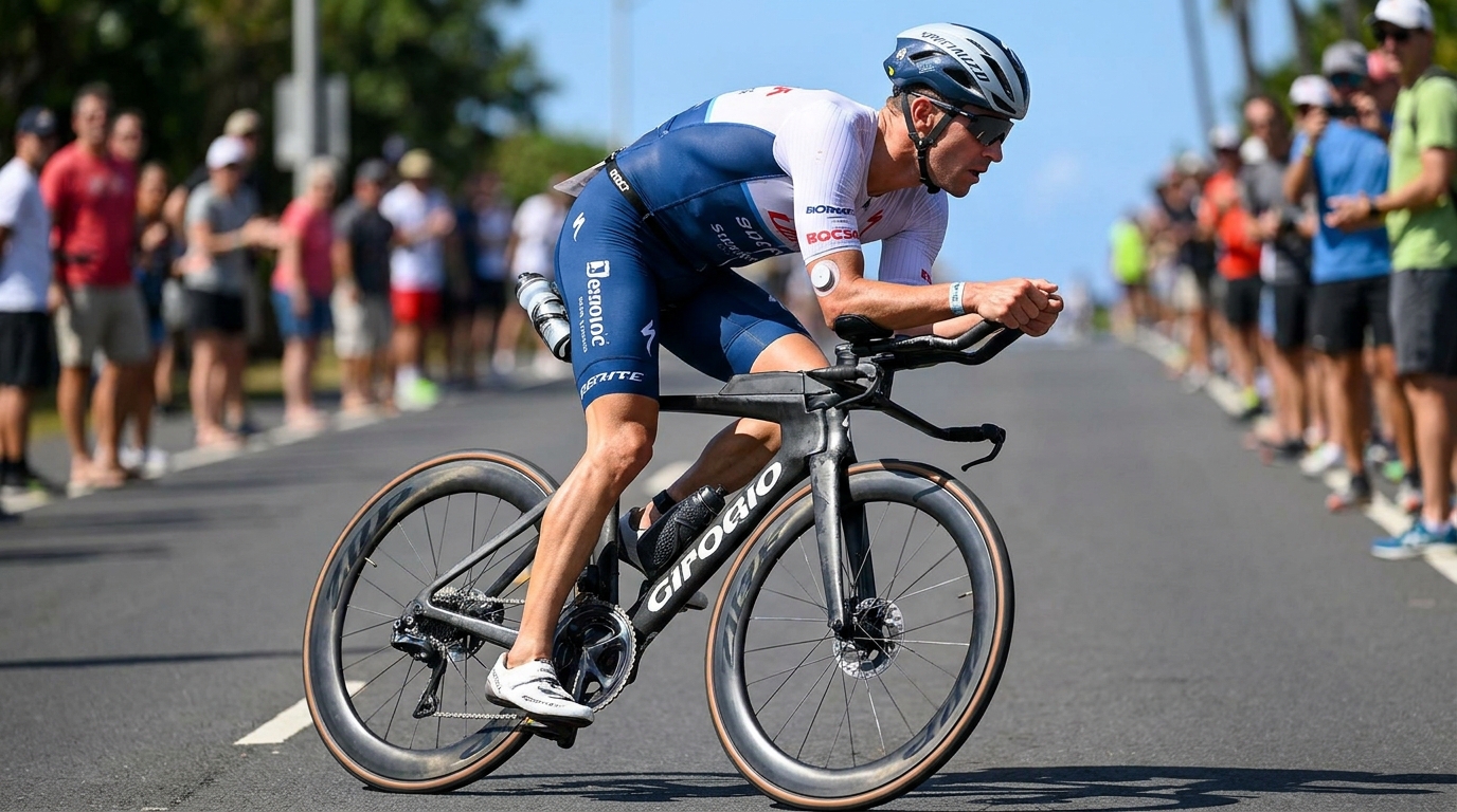 Triathlete on a bike with a CGM sensor visible on the upper arm during a race