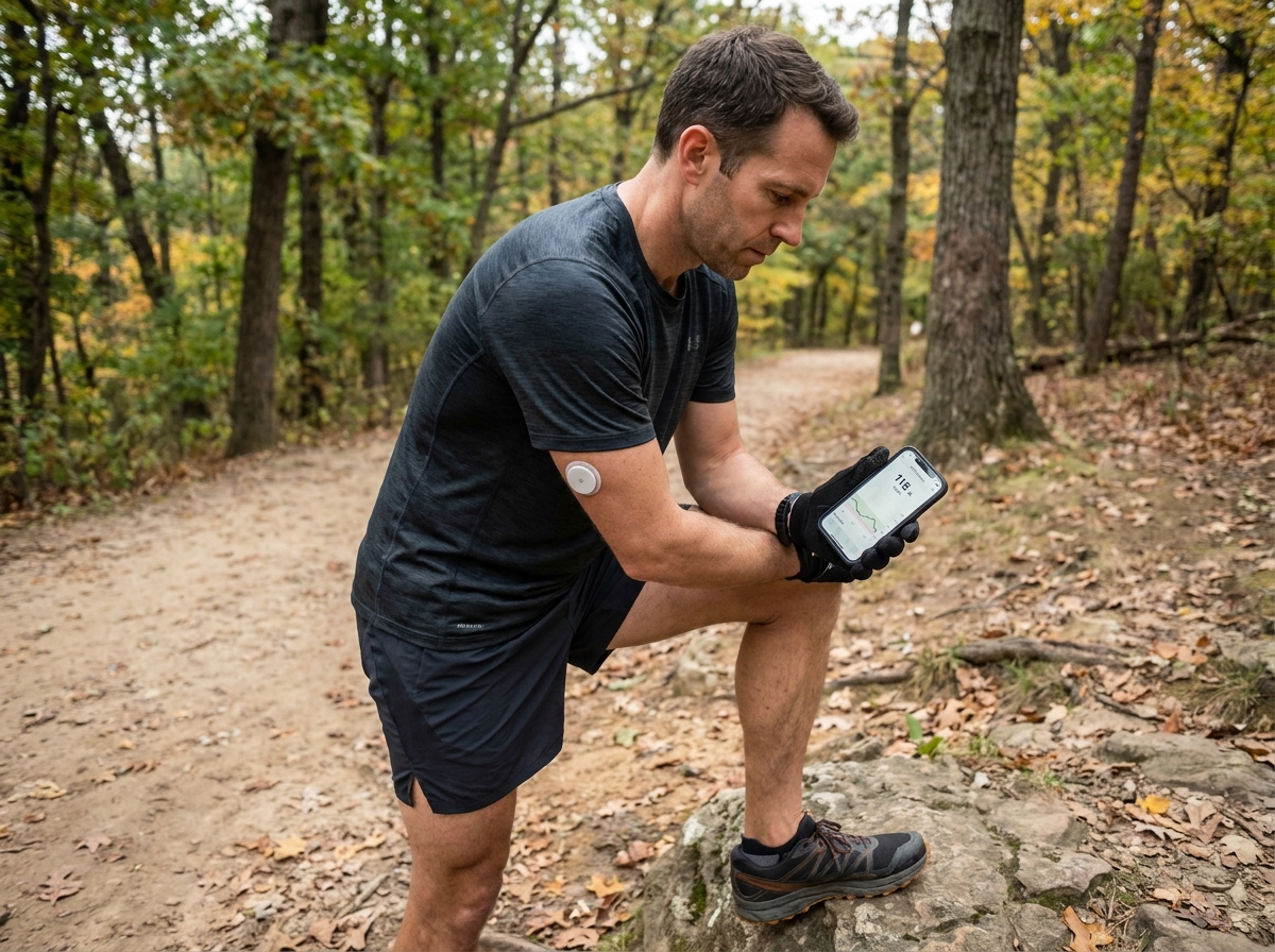 Athlete checking CGM data on phone during a training run