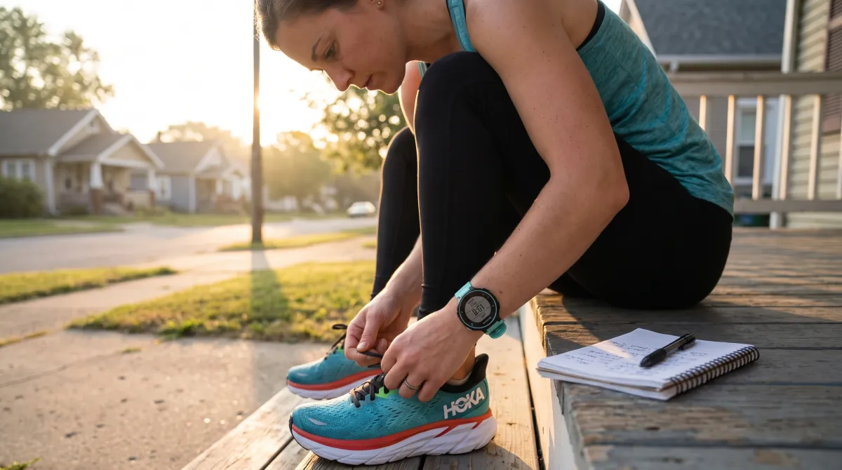 Triathlete lacing up running shoes at sunrise before a training session, training log and GPS watch visible nearby