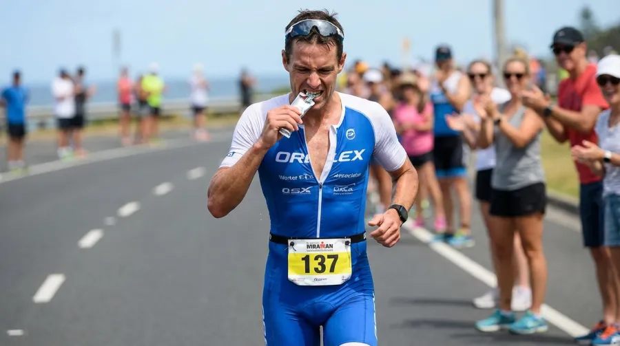 Triathlete taking energy gel during Ironman run leg