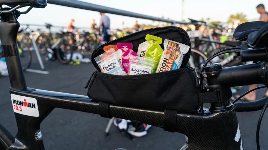 Triathlete bento box on bike with energy gels for race day nutrition