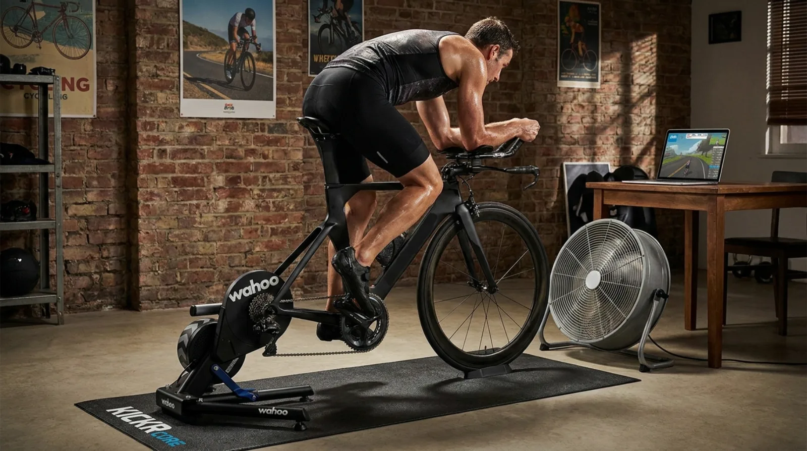 Triathlete riding a TT bike on a Wahoo Kickr smart trainer in a home pain cave with Zwift on laptop and fan running