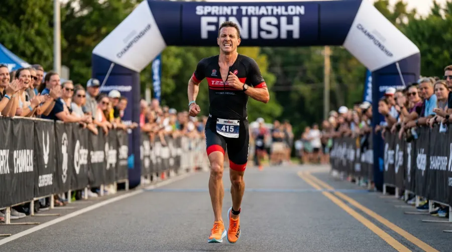 Triathlete in full sprint during run leg of sprint triathlon