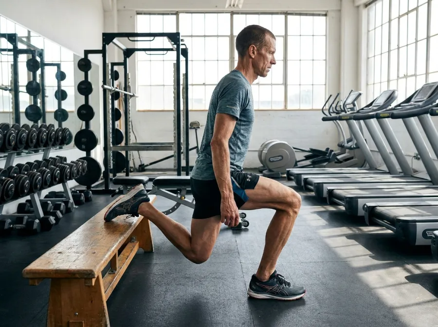 Lean triathlete performing Bulgarian split squats in a gym with proper form