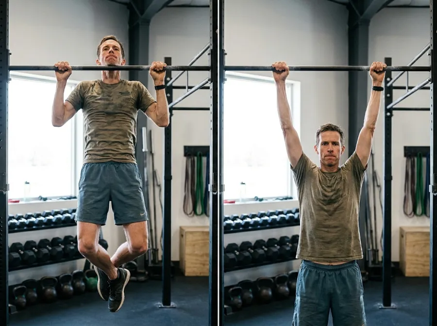 Lean triathlete performing pull-ups in a gym demonstrating proper form