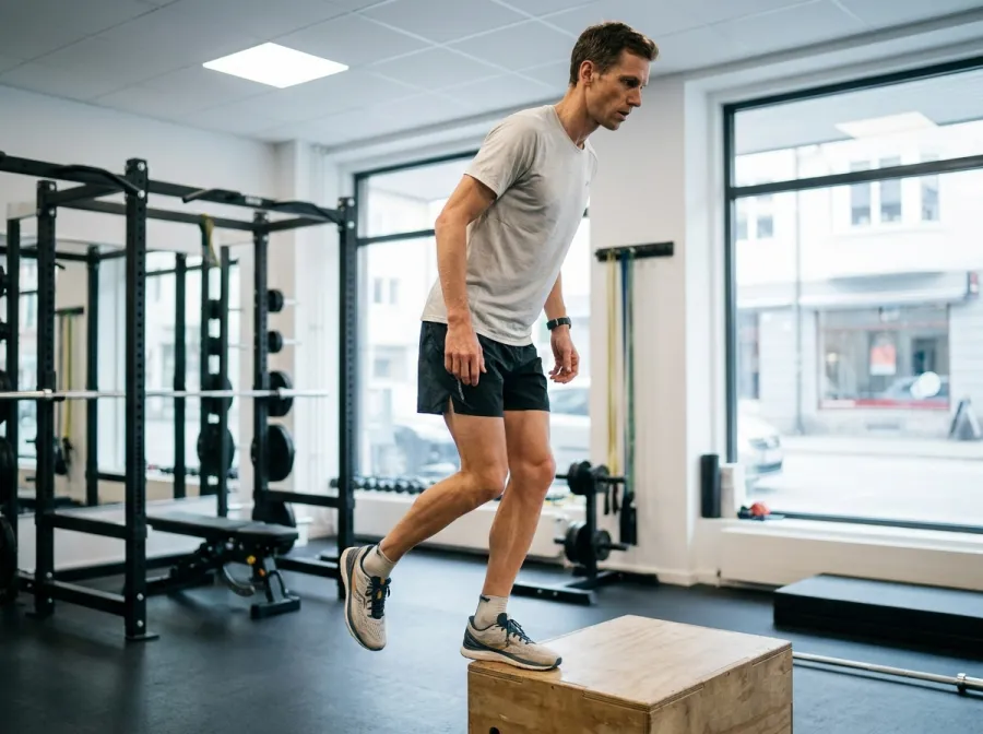 Lean triathlete performing single-leg calf raises on a gym step