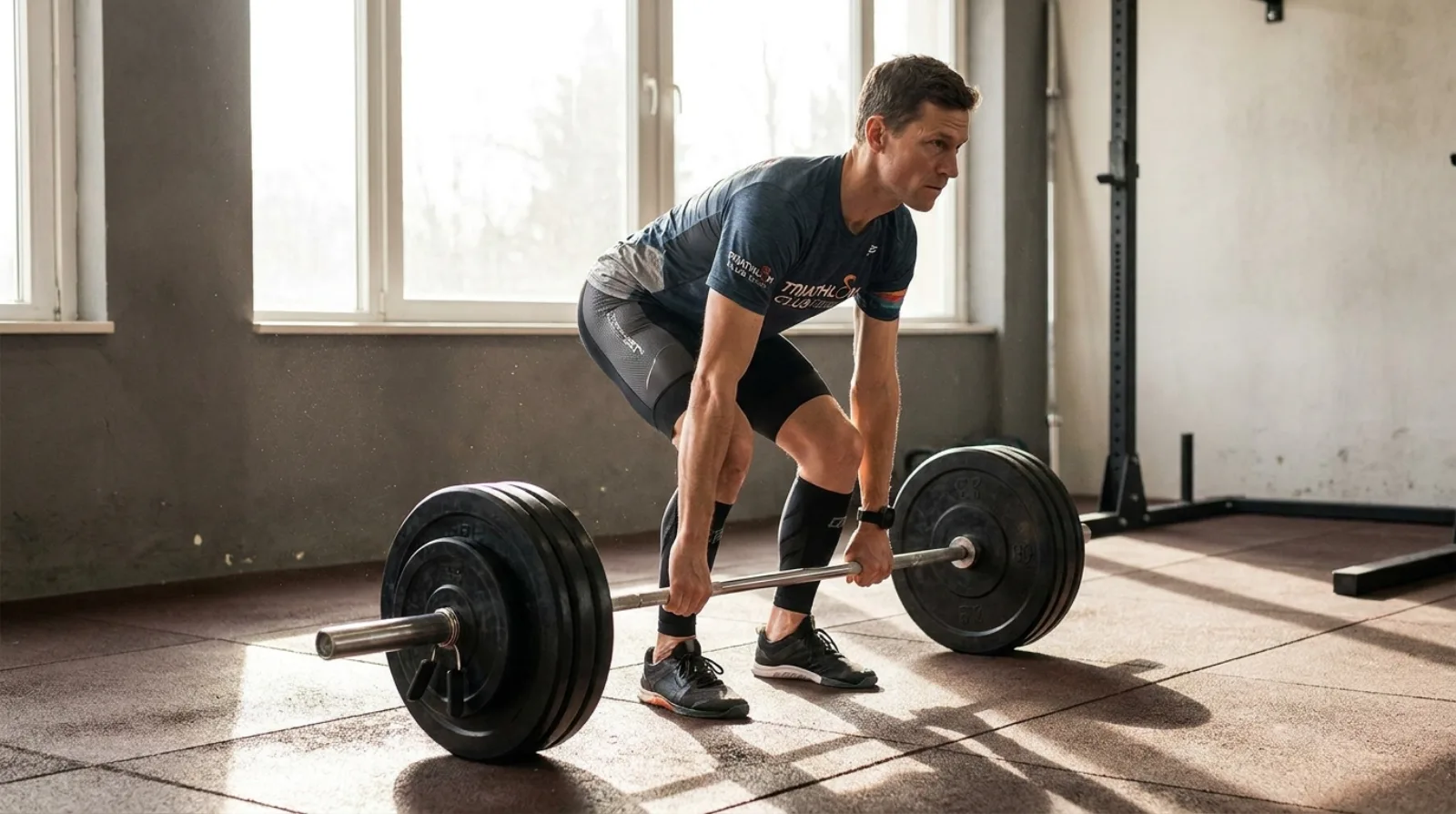 Triathlete performing a Romanian deadlift with proper form in a gym setting