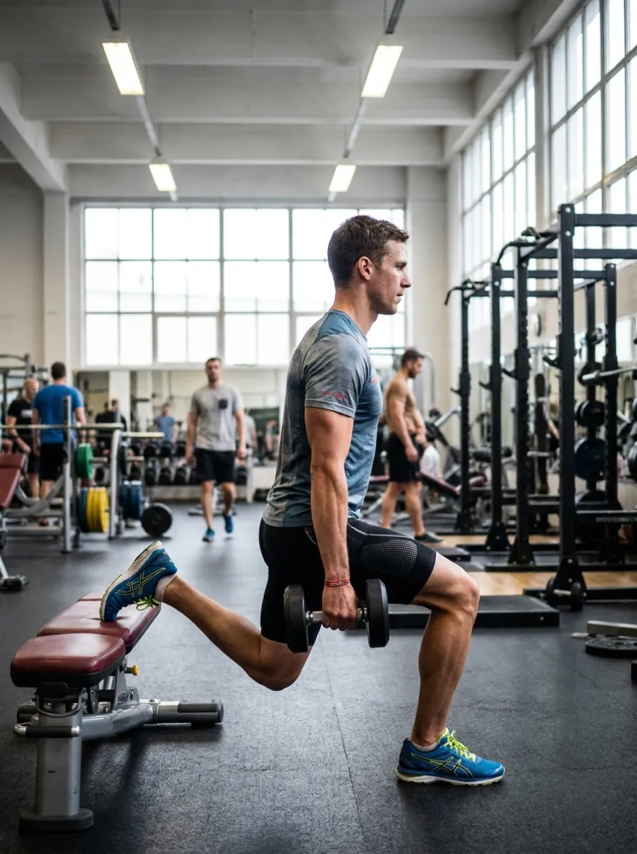 Triathlete performing a Bulgarian split squat with dumbbells, rear foot elevated on a bench