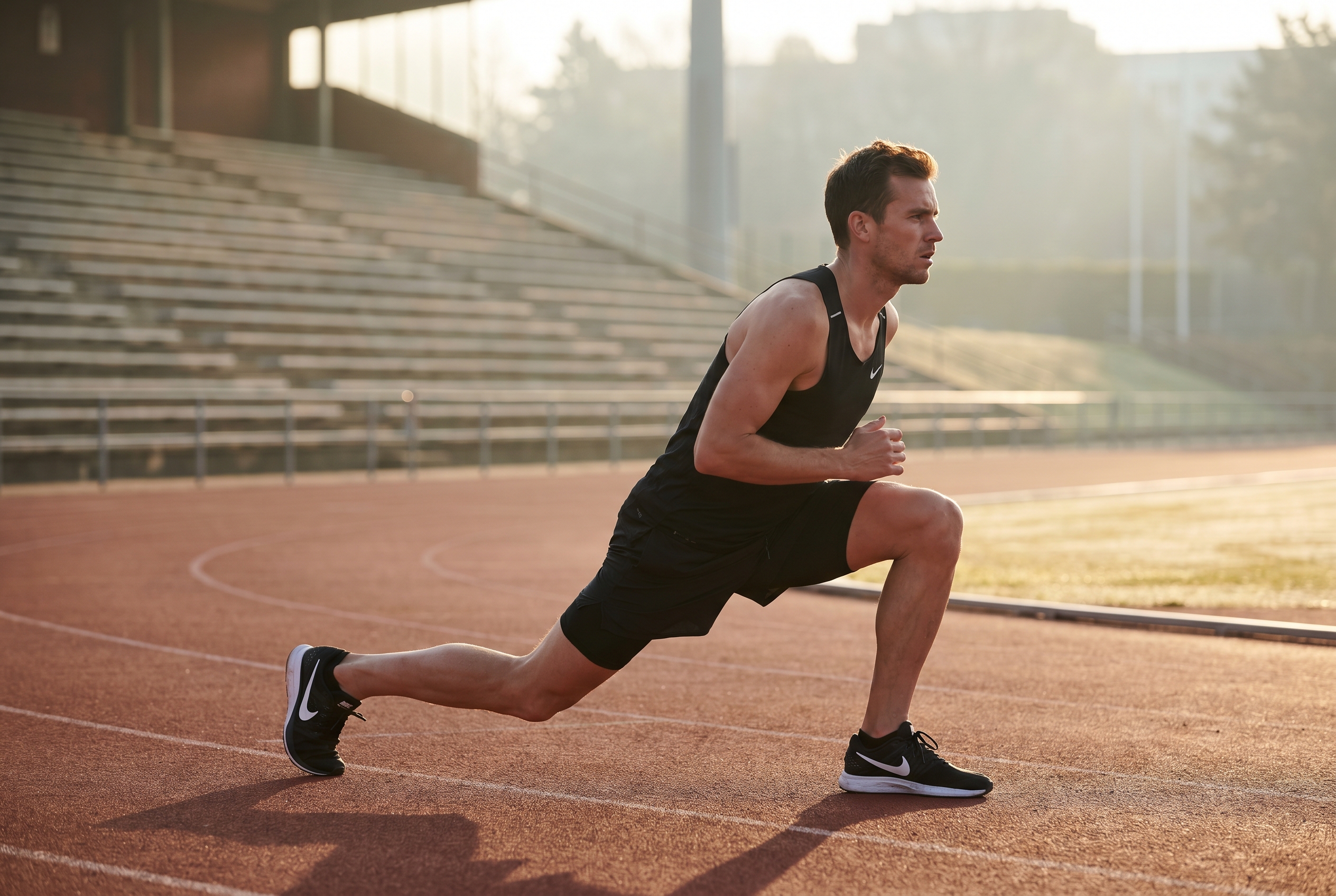 Triathlete performing dynamic stretch before morning training session