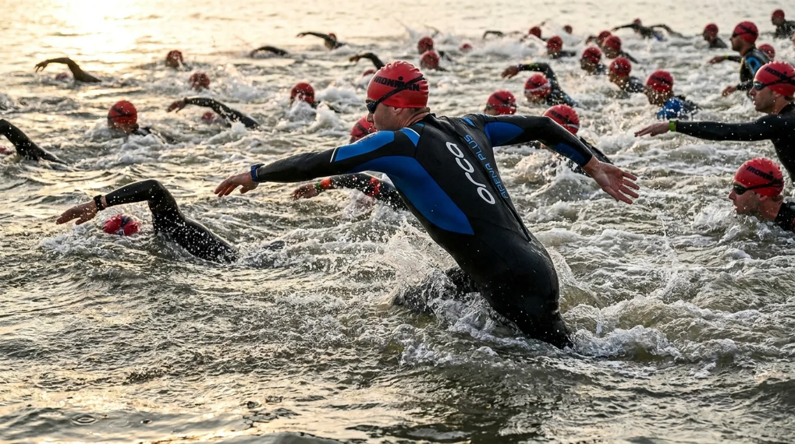 Triathletes in Orca wetsuits and red IRONMAN caps surging at the mass swim start