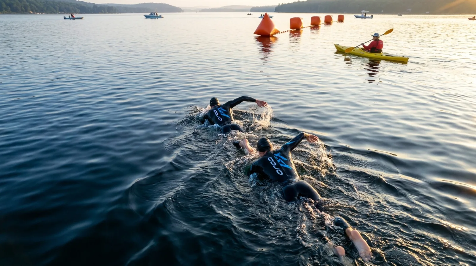 Aerial view of two triathletes in Orca wetsuits swimming in draft position with race buoys visible