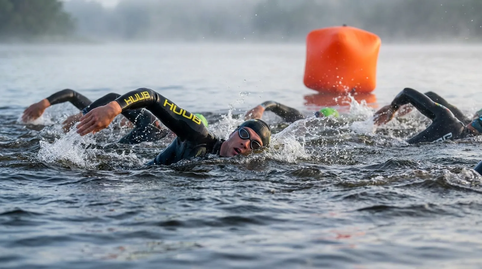 Triathlete in HUUB wetsuit lifting head to sight a race buoy while surrounded by other swimmers