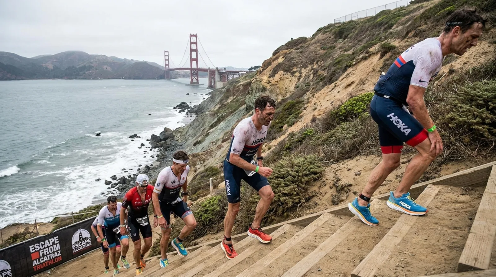 Athletes climbing the famous Sand Ladder wooden staircase at Escape From Alcatraz with Golden Gate Bridge in background