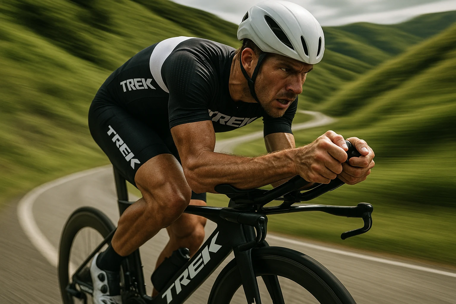 Triathlete cycling leisurely through rolling green hills at easy aerobic pace