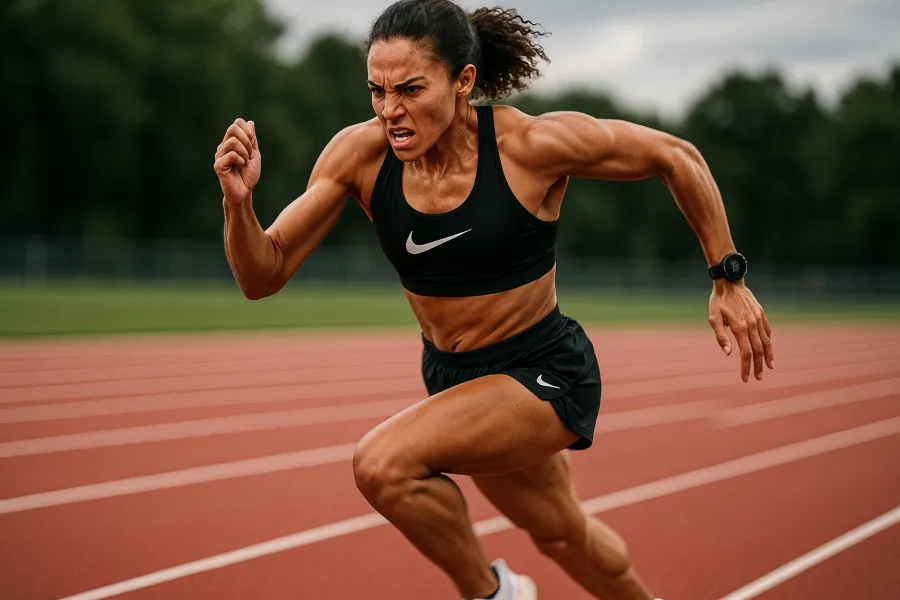 Triathlete doing intense sprint intervals on a running track, pushing maximum effort