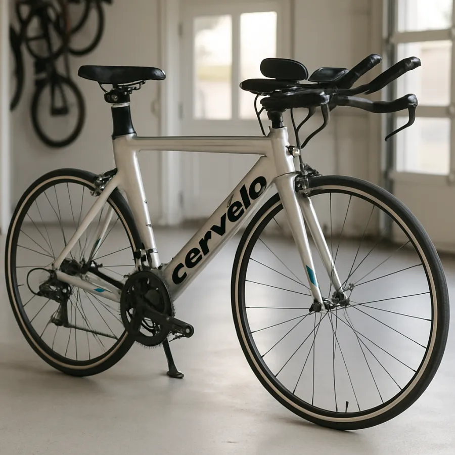 Clean used Cervélo P2 triathlon bike ready to race, shown against a minimalist background